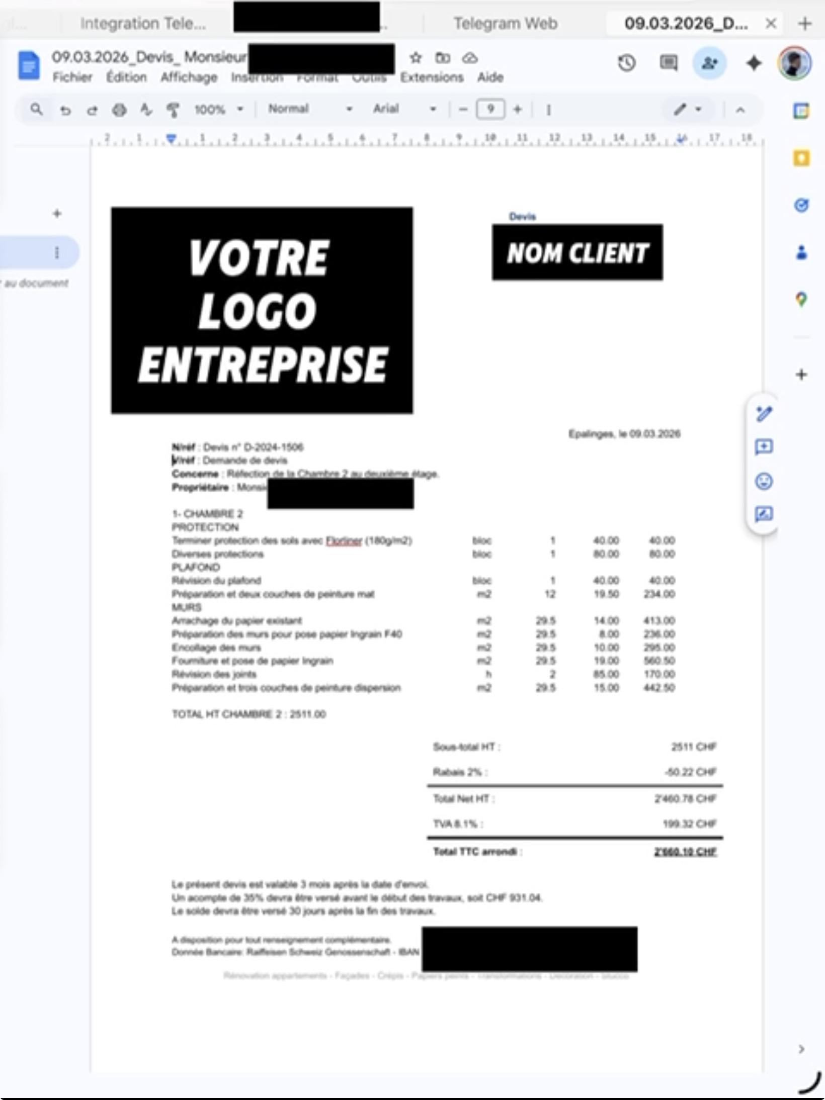 Interface du logiciel de devis automatisé